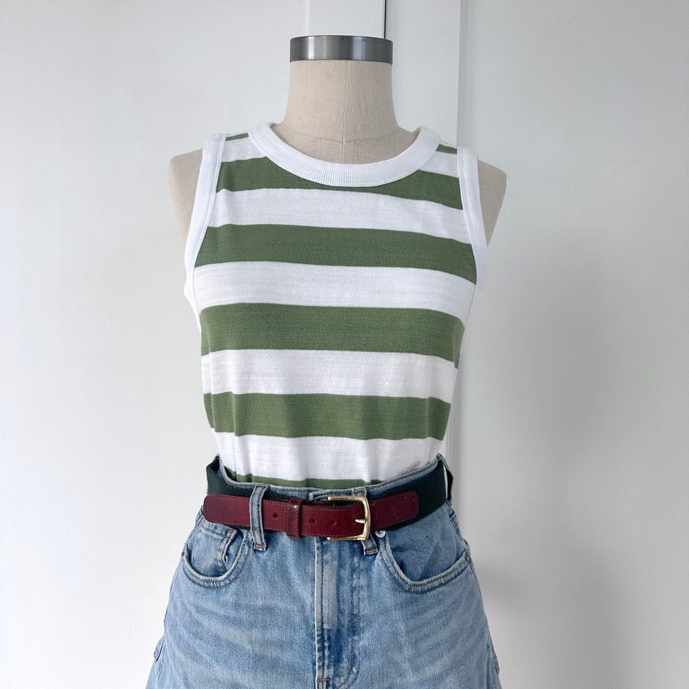 LOFT White and Olive Green Striped Ribbed Tank Top